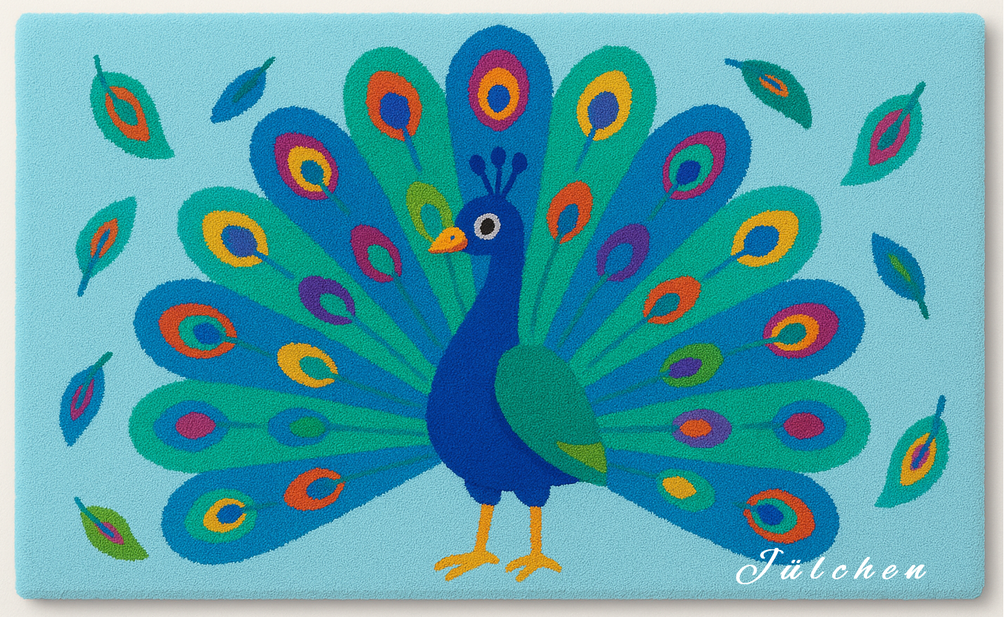 Hand-tufted wool rug with peacock design, made from 100% natural wool, customizable with your chosen name.