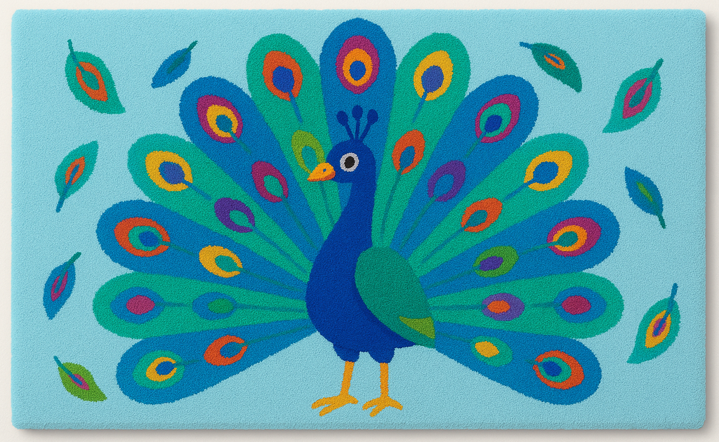 Handgetufteter Wollteppich mit Pfauenmotiv aus 100% baltischer Schurwolle, personalisierbar mit Wunschnamen