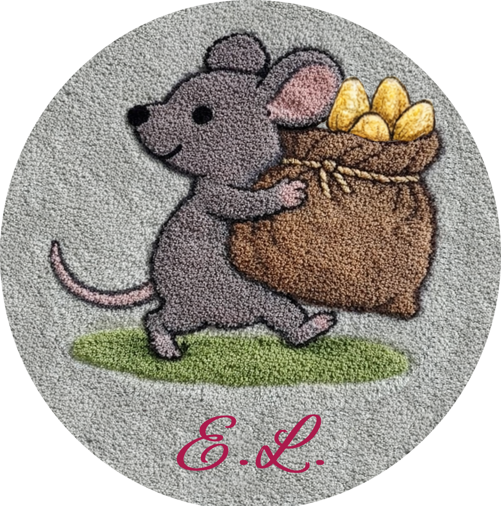 Hand-tufted natural wool rug with country mouse carrying a grain sack motif, personalized with initials, handmade in EU