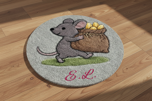 Hand-tufted natural wool rug with country mouse carrying a grain sack motif, personalized with initials, handmade in EU