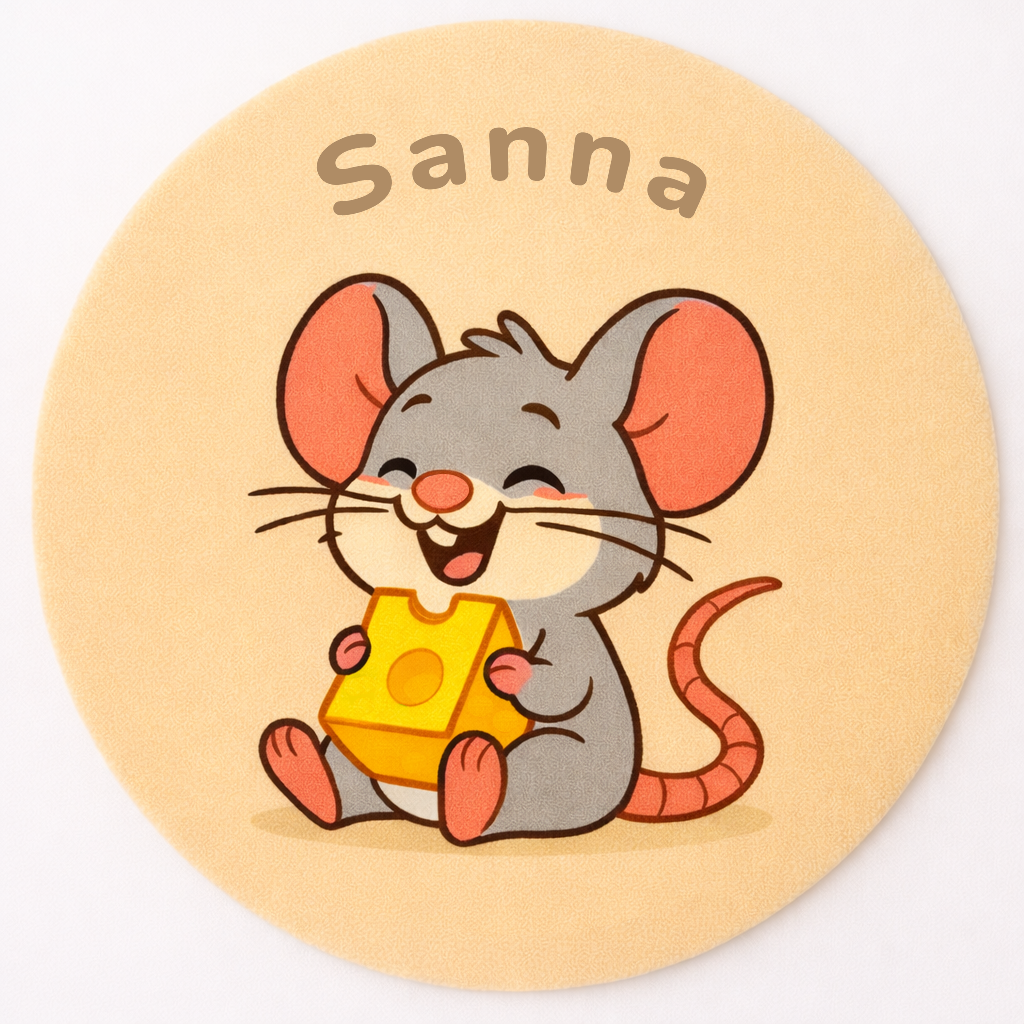 Round handmade wool children’s rug with cute mouse illustration, personalized with child’s name, styled in a cozy kids bedroom.