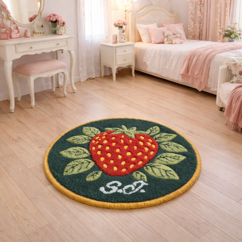 Runder handgetufteter Wollteppich mit Erdbeer-Motiv, personalisiert mit Initialen, mit natürlicher Leinenrückseite auf Holzfußboden fotografiert.