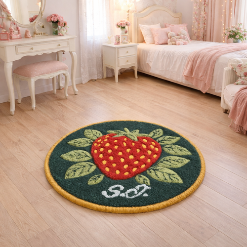 Runder handgetufteter Wollteppich mit Erdbeer-Motiv, personalisiert mit Initialen, mit natürlicher Leinenrückseite auf Holzfußboden fotografiert.