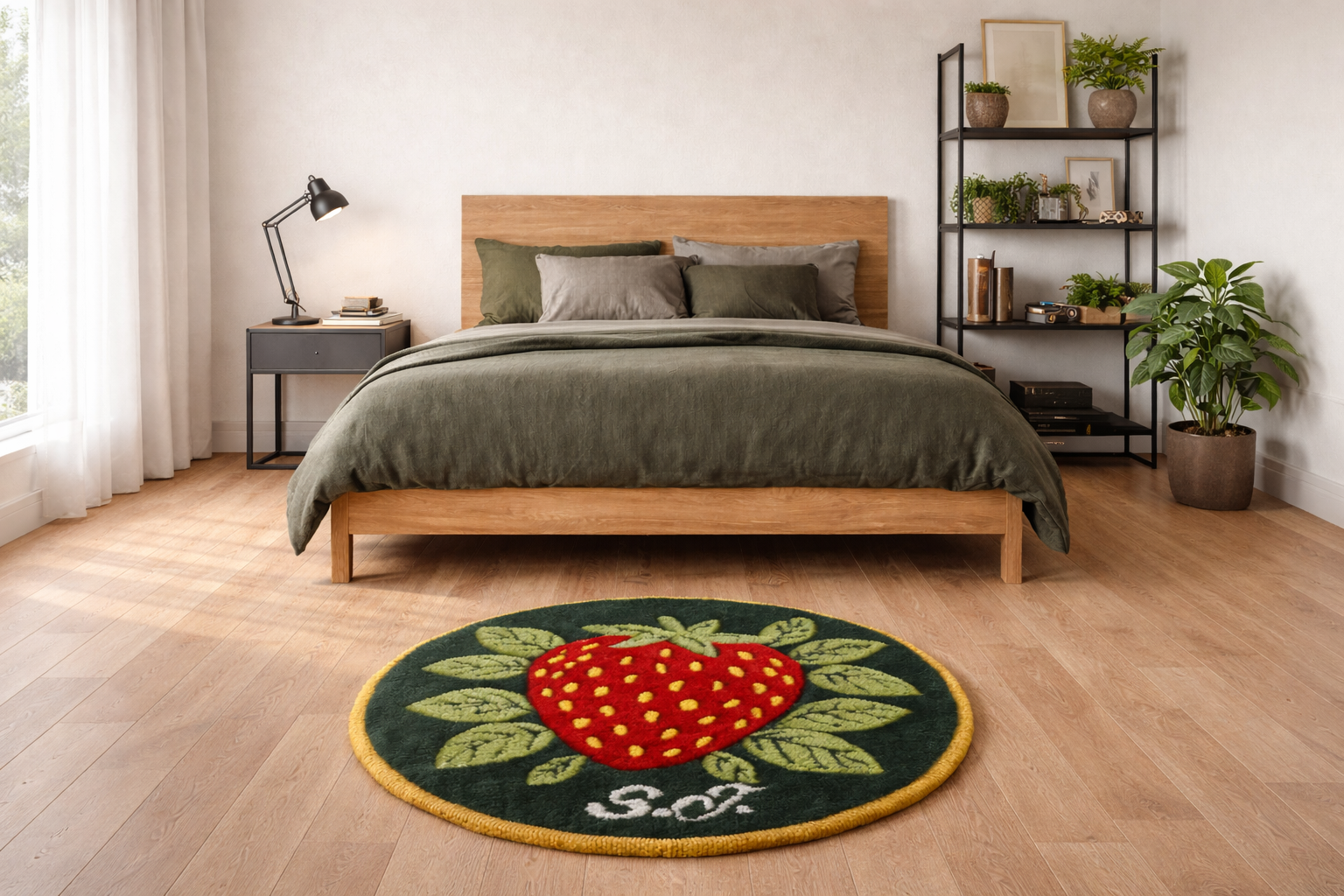 Runder handgetufteter Wollteppich mit Erdbeer-Motiv, personalisiert mit Initialen, mit natürlicher Leinenrückseite auf Holzfußboden fotografiert.