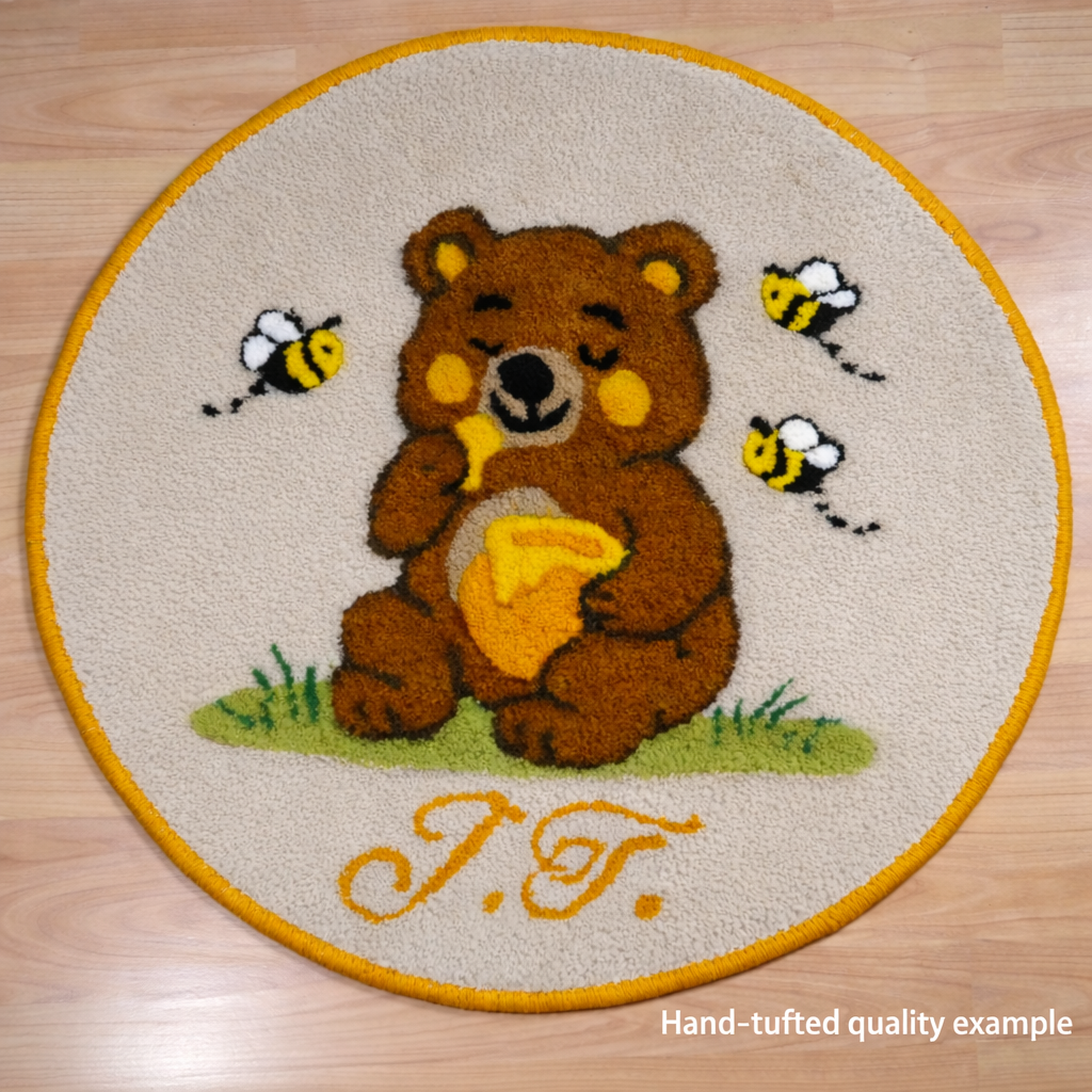 Handmade personalised teddy bear wool rug made from 100% natural wool with non-slip latex backing