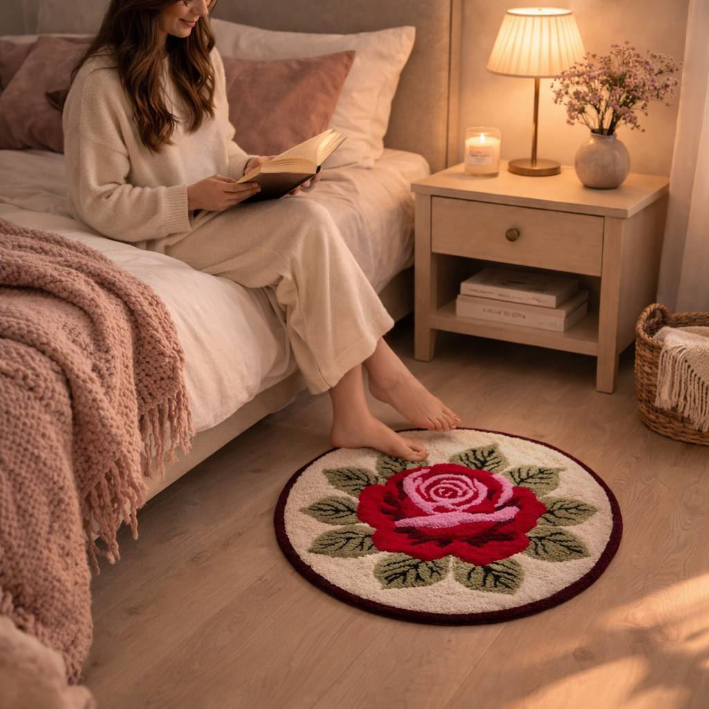 Hand tufted wool rug with rose design personalized with name or initials