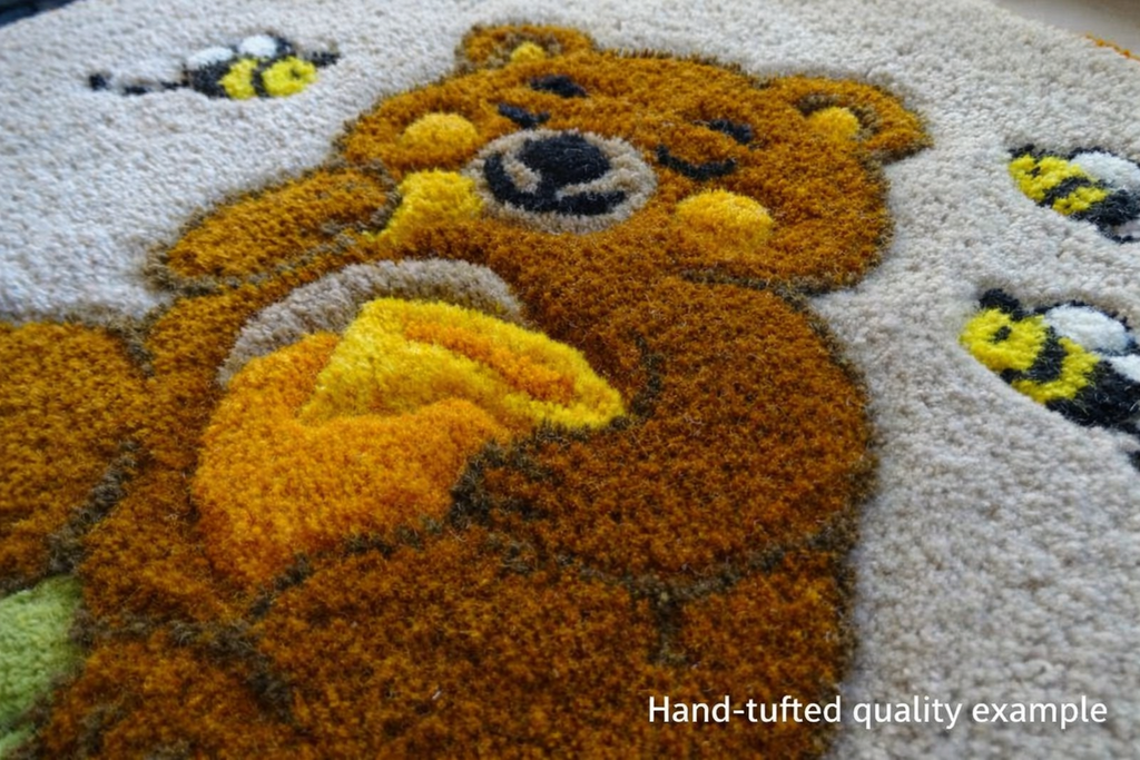 Handmade personalised teddy bear wool rug made from 100% natural wool with non-slip latex backing