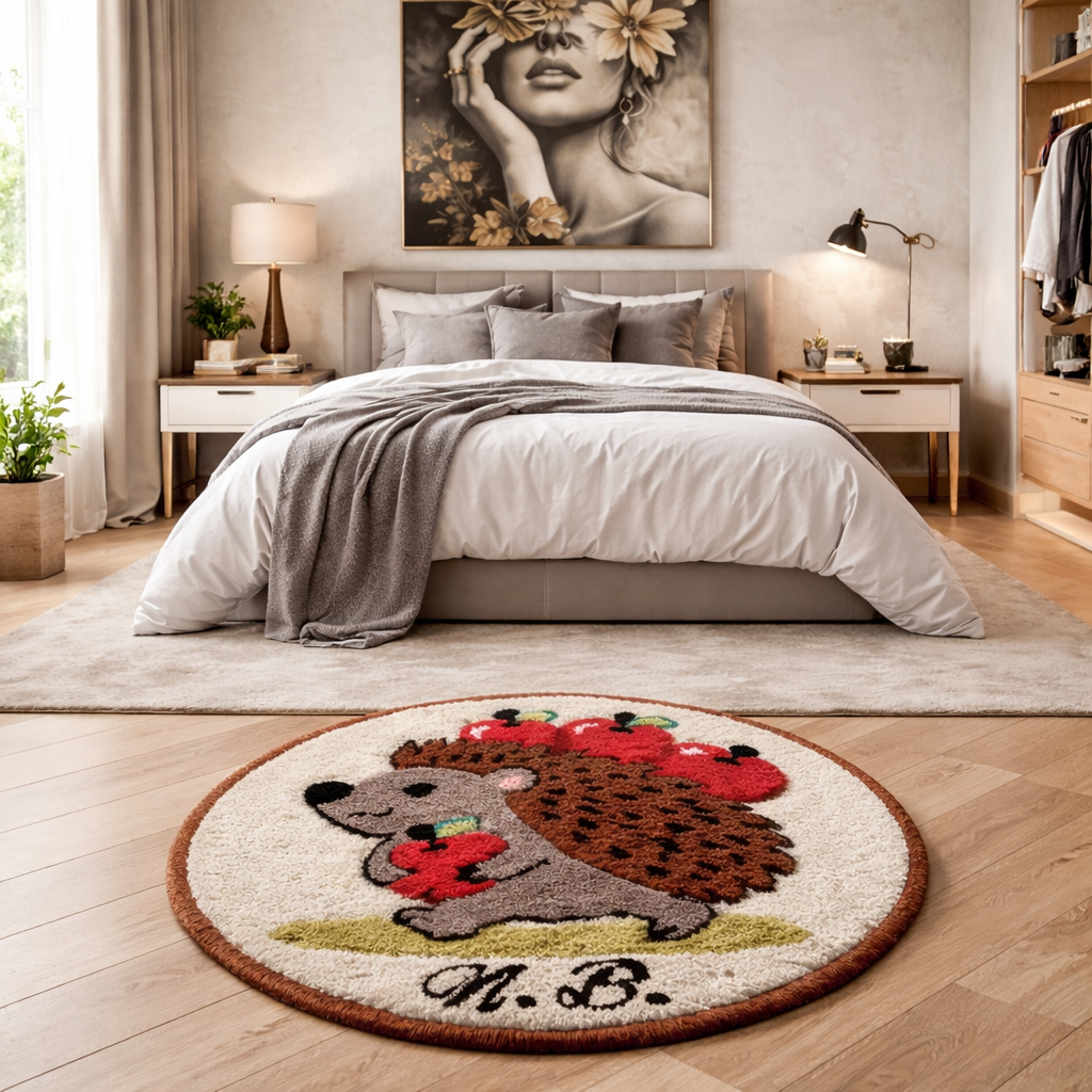 Runder handgetufteter Wollteppich mit Igel-Motiv und Äpfeln, personalisiert mit Initialen, auf Holzfußboden fotografiert.