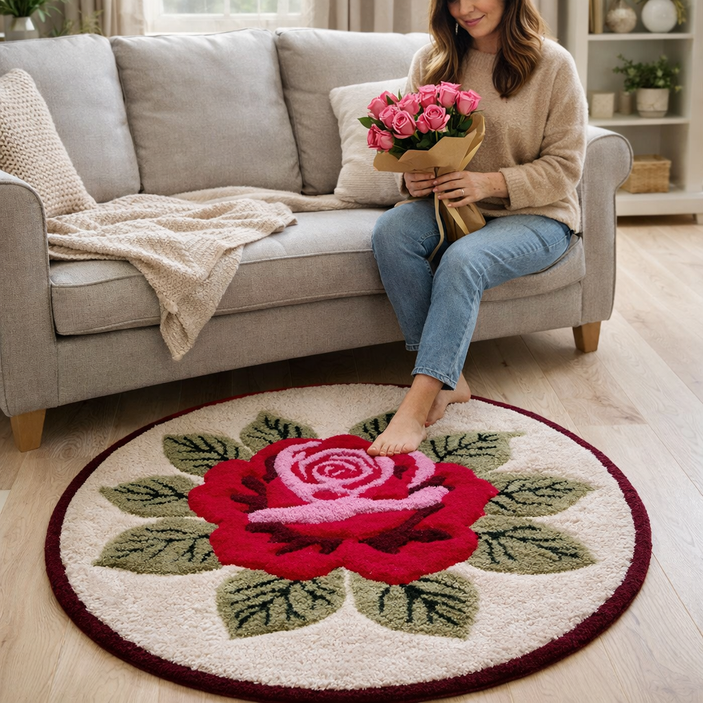 Hand tufted wool rug with rose design personalized with name or initials