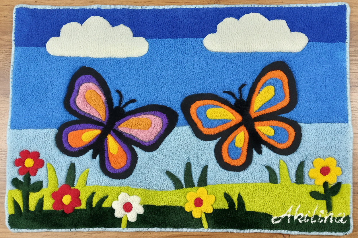 Handgefertigter personalisierter Schmetterlings-Wollteppich aus 100 % natürlicher Wolle mit rutschfester Latexrückseite