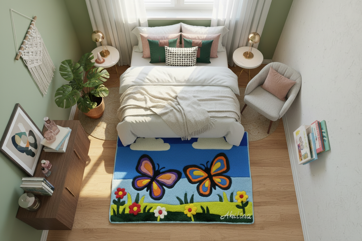 Handgefertigter personalisierter Schmetterlings-Wollteppich aus 100 % natürlicher Wolle mit rutschfester Latexrückseite