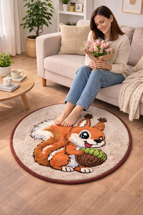 Round handmade wool rug with squirrel illustration on wooden floor, cozy living room interior with woman on sofa